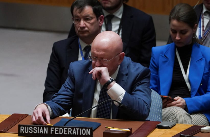 Russia's Ambassador to the United Nations Vasily Nebenzya attends a meeting of the Security Council on the conflict between Israel and Hamas, at UN headquarters in New York, US. October 25, 2023 (photo credit: REUTERS/DAVID 'DEE' DELGADO)