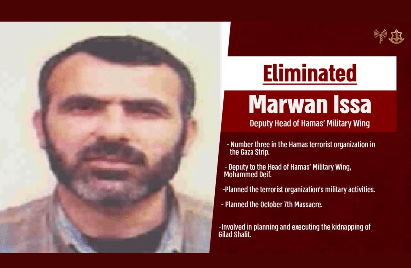  An IDF infographic about Marwan Issa, deputy head of Hamas's al-Qassam Brigades. (photo credit: IDF SPOKESPERSON'S UNIT)