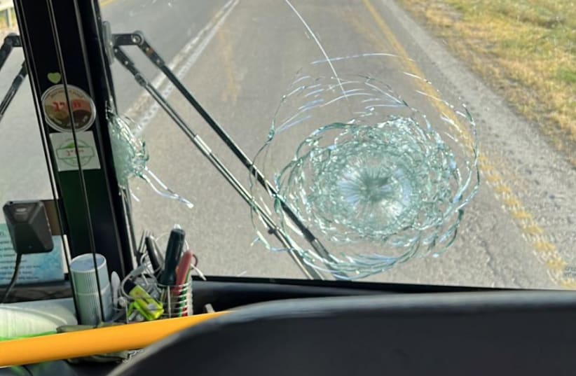  Wind shield of a bus hit by terrorist fire in the Jordan Valley, March 28, 2024. (photo credit: Via Maariv)