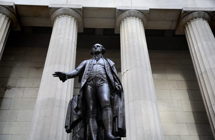  A statue depicting first American president George Washington seen at the Federal Hall National Memorial, Wall Street, Manhattan, New York City, USA. December 25, 2013. (photo credit: NATI SHOHAT/FLASH90)