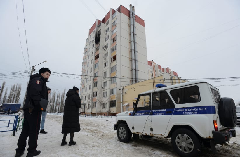  A view shows a damaged multi-storey apartment block following a reported drone attack early in the year in Voronezh, Russia January 16, 2024. (photo credit: REUTERS/STRINGER)