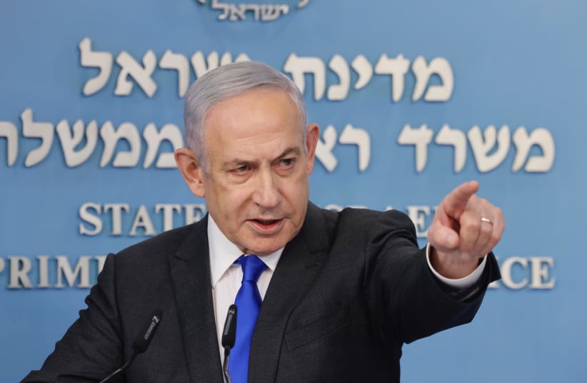 El primer ministro israelí, Benjamin Netanyahu, habla durante una rueda de prensa en Jerusalén el 31 de marzo de 2024. (photo credit: MARC ISRAEL SELLEM/POOL)