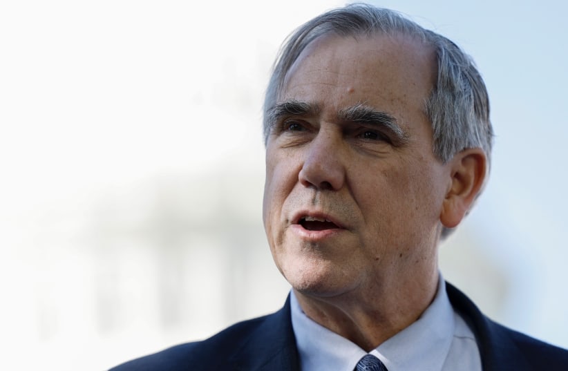 Sen. Jeff Merkley, an Oregon Democrat, speaks at a press conference on the introduction of the Senate ETHICS Act outside of the U.S. Capitol Building, April 18, 2023. (photo credit: Anna Moneymaker/Getty Images)