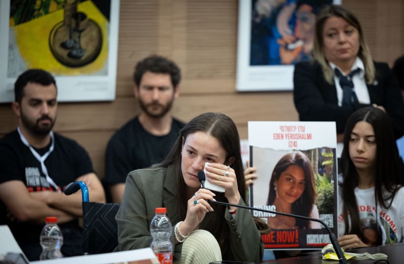  Released hostage Maya Regev speaks during a status of Women and Gender Equality committee meeting at the Knesset, the Israeli parliament in Jerusalem on April 2, 2024 (photo credit: YONATAN SINDEL/FLASH90)