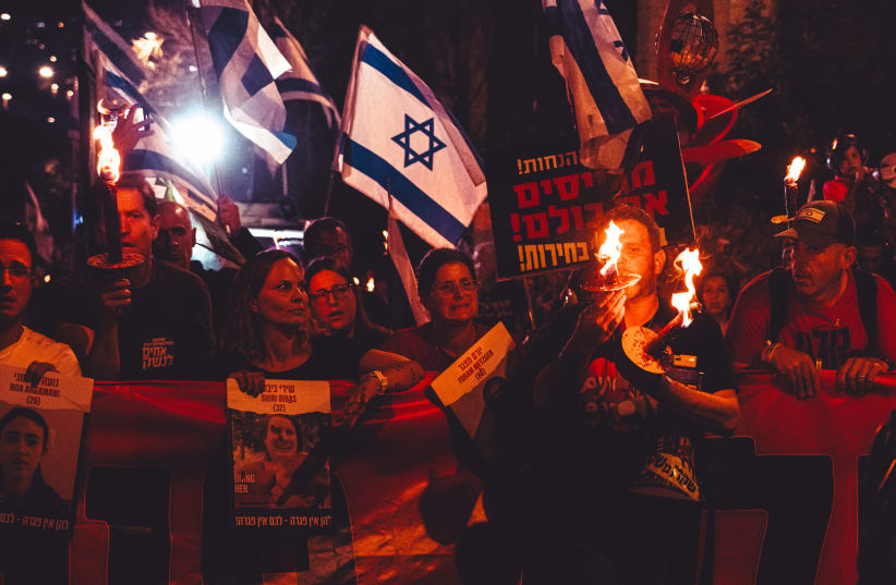  Protestors demonstrating for the return of the hostages in Jerusalem, April 3, 2024. (photo credit: LIAM FORBERG)