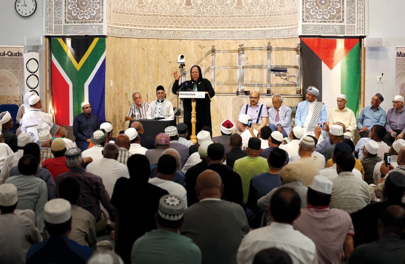  South African Minister of International Relations Naledi Pandor speaks about South Africa’s case against Israel at the Quds Mosque in Cape Town, on February 4.  (photo credit: ESA ALEXANDER/REUTERS)
