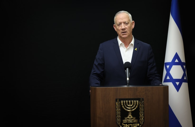 Benny Gantz holds a press conference at the Knesset, in Jerusalem, April 3, 2024 (photo credit: Chaim Goldberg/Flash90)