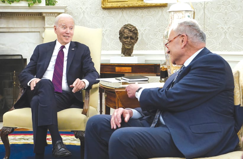 US PRESIDENT Joe Biden chats with Senate Majority Leader Chuck Schumer in the Oval Office. Alienating the Bidens and Schumers of this world will go down in Israel’s history as reckless folly, the writer argues. (photo credit: KEVIN LAMARQUE/REUTERS)