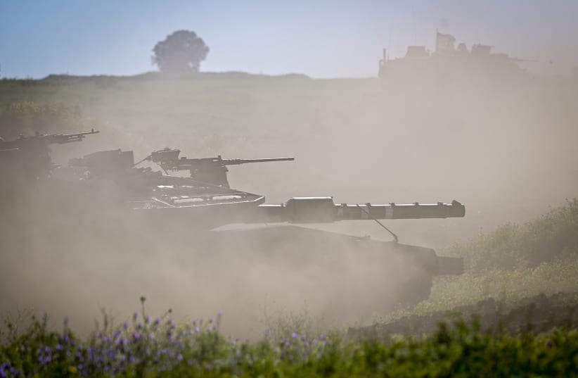  IDF Merkava Tanks were seen taking part in a Military Exercise in northern Golan Heights on April 1, 2024. (photo credit: Michael Giladi/ Flash90)