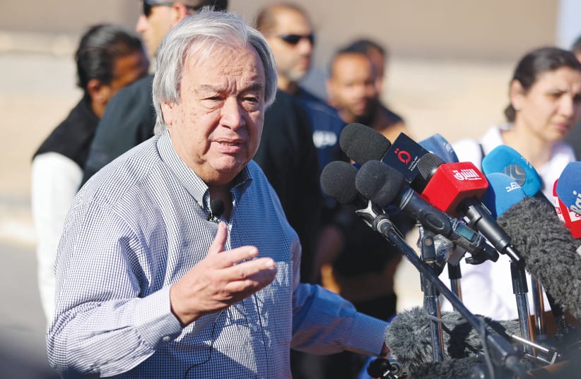  UN SECRETARY-GENERAL Antonio Guterres speaks to the media after visiting the Rafah border crossing between Egypt and the Gaza Strip, last month. (photo credit: MOHAMED ABD EL GHANY/REUTERS)