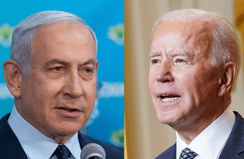El Primer Ministro Benjamin Netanyahu y el Presidente de EE.UU. Joe Biden (photo credit: REUTERS/KEVIN LAMARQUE AND ALEX KOLOMOISKY/POOL)