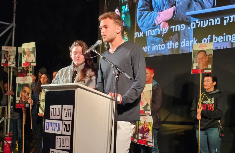  Itai Regev and Agam Goldstein speaking at the rally, April 7, 2024.  (photo credit: paulina ptimer)