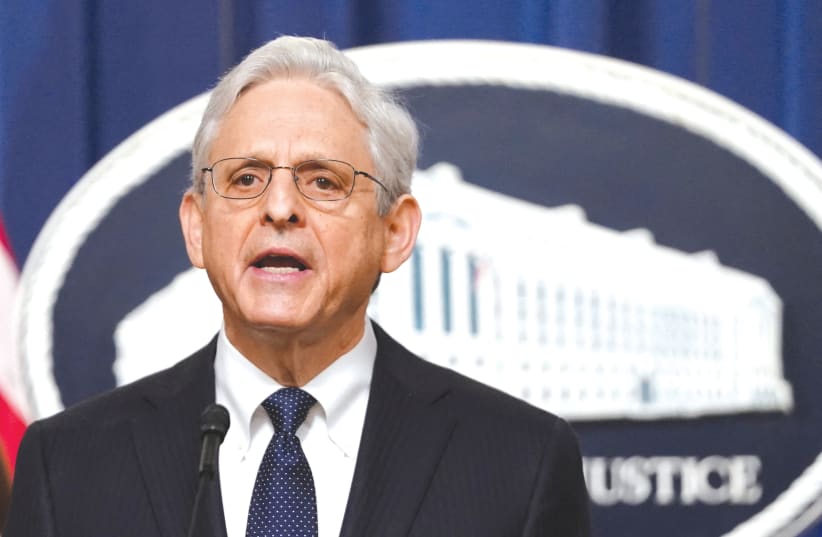  US ATTORNEY-GENERAL Merrick Garland speaks at the Justice Department. Zachor Legal Institute, on behalf of 28 other organizations, has sent him documentation on how groups like Students for Justice in Palestine have coordinated and executed mass deprivations of rights of Jewish students.  (photo credit: KEVIN LAMARQUE/REUTERS)
