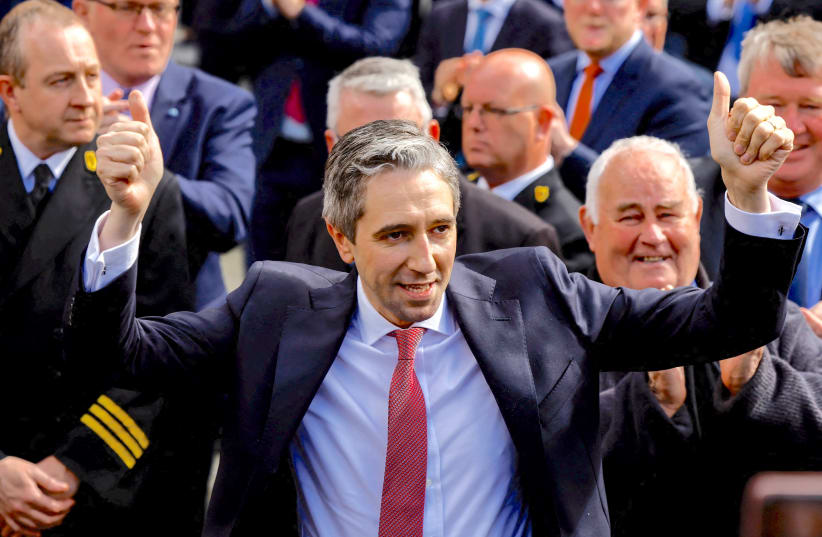  Taoiseach Simon Harris gestures after receiving a majority parliamentary vote to become the next Taoiseach (Prime Minister) of Ireland, in Dublin, Ireland, April 9, 2024. (photo credit: REUTERS/CLODAGH KILCOYNE)