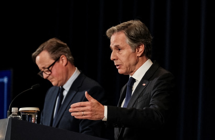  US Secretary of State Antony Blinken and British Foreign Secretary David Cameron hold a joint press conference at the State Department in Washington, US, April 9, 2024. (photo credit: REUTERS/Michael A. McCoy)