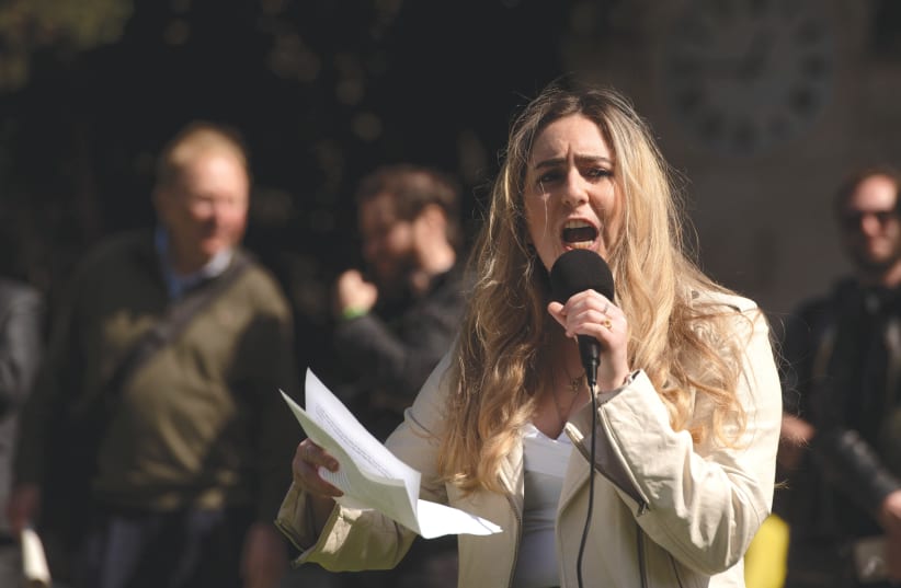  THE WRITER speaks at a ‘Liberate the Gate’ event at UC Berkeley, last month, calling on the university to respond to antisemitism on campus. (photo credit: AARON LEVY-WOLINS)