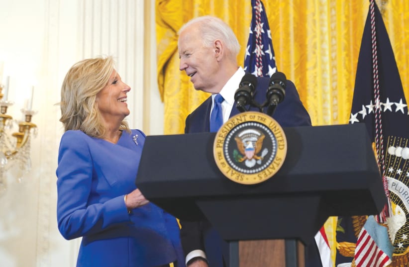  US PRESIDENT Joe Biden and First Lady Dr. Jill Biden attend a Women’s History Month reception at the White House last month. Even the first lady is said to be pushing the president to lean harder on Prime Minister Benjamin Netanyahu, the writer notes. (photo credit: KEVIN LAMARQUE/REUTERS)