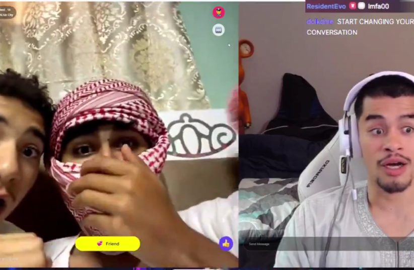  Streamer Sneako (right) reacts to meeting Palestinians on Monkey, a random video chat app, March 31, 2024. (photo credit: screenshot)