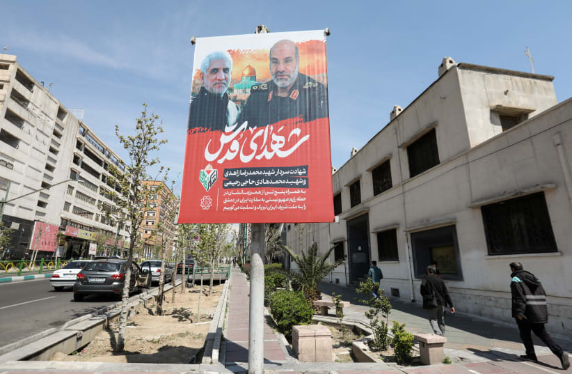  PORTRAIT OF IRGC generals Mohammad Reza Zahedi and Mohammad Hadi Haj Rahimi, slain in an April 1 Israeli airstrike and noted as ‘Martyrs of Quds’ [Jerusalem], seen on a Tehran street.  (photo credit: Atta Kenare/AFP via Getty Images)