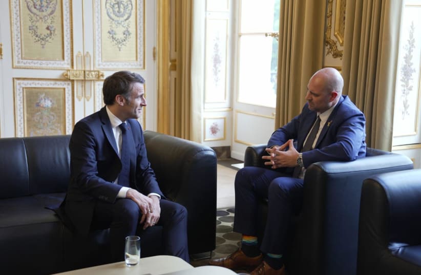  French President Emmanuel Macron met with Knesset Speaker Amir Ohana on April 10, 2024.  (photo credit: Natan Weil/Knesset Spokesperson)