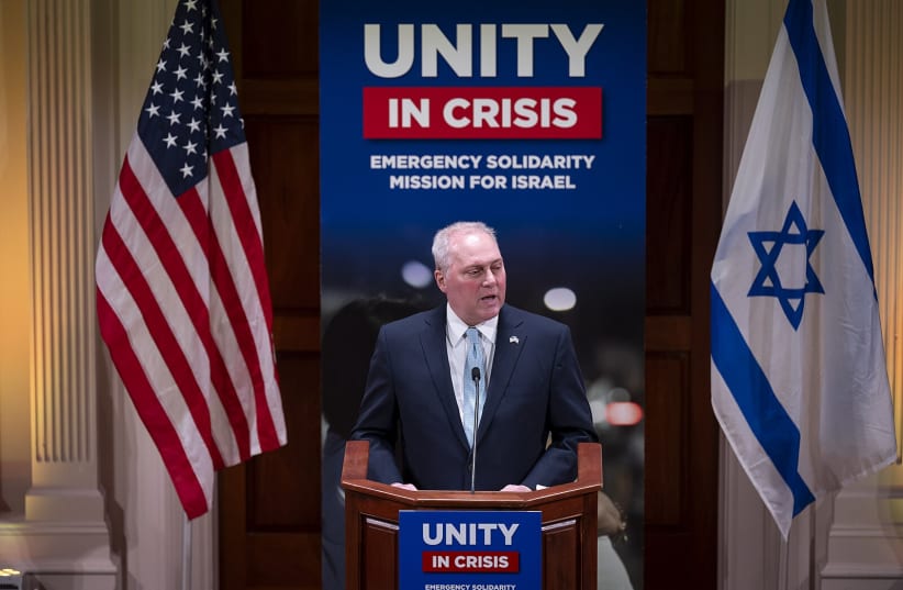  Majority Leader of the US House of Representatives, Steve Scalise, speaks at the Conference of Presidents of Major American Jewish Organizations Gathering at a Historic Synagogue, Sixth & I, in Washington, DC. (photo credit: TIA DUFOUR)