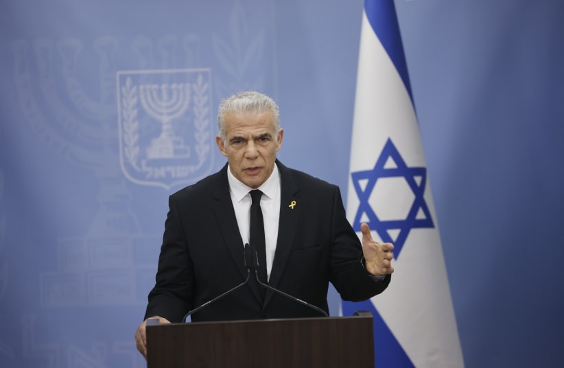  Head of opposition and the Yesh Atid party, Yair Lapid, leads a faction meeting at the Knesset, the Israeli parliament in Jerusalem, on April 15, 2024. (photo credit: CHAIM GOLDBEG/FLASH90)