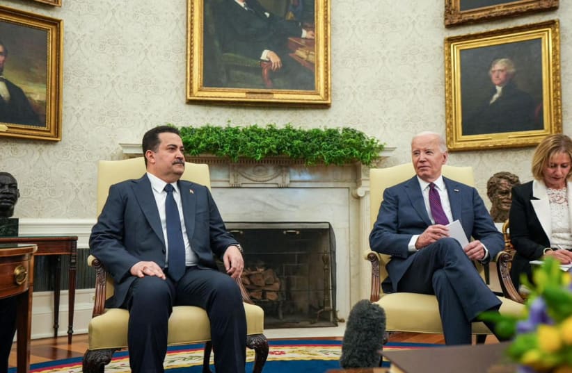 US President Joe Biden meets with Iraqi Prime Minister Mohammed Shia al-Sudani at the White House in Washington, US, April 15, 2024. (photo credit: IRAQI PRIME MINISTER MEDIA OFFICE/HANDOUT VIA REUTERS)