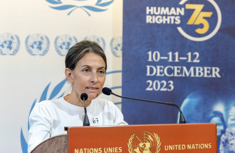 Rachel Goldberg, the U.S.-Israeli mother of Hersh Goldberg Polin, who was taken hostage by militants of the Palestinian Islamist group Hamas from the Gaza Strip during the October 7 attack on a music festival in south Israel, addresses the media on the sidelines of an event commemorating the 75th An (photo credit: DENIS BALIBOUSE/REUTERS)
