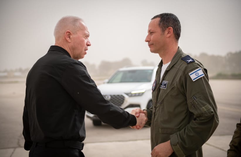  Yoav Gallant visits Tel Nof airbase, and speaks to pilots who defended Israel from Iran attack, April 18, 2024. (photo credit: Via Maariv)