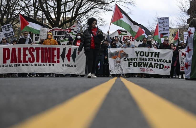 Demonstrators gather outside of the Israeli Embassy to demand for a cease-fire in the Gaza Strip in Washington DC, March 2, 2024. (photo credit:  (Celal Gunes/Anadolu via Getty Images))