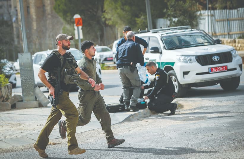  SECURITY FORCES arrive at the scene of a stabbing attack in Jerusalem, last month. Contrary to a narrative popularly pushed by Western leaders and the media, Palestinian terrorism isn’t just conducted by the extremists in Palestinian society, the writer argues. (20/4/2024) (photo credit: JAMAL AWAD/FLASH90)