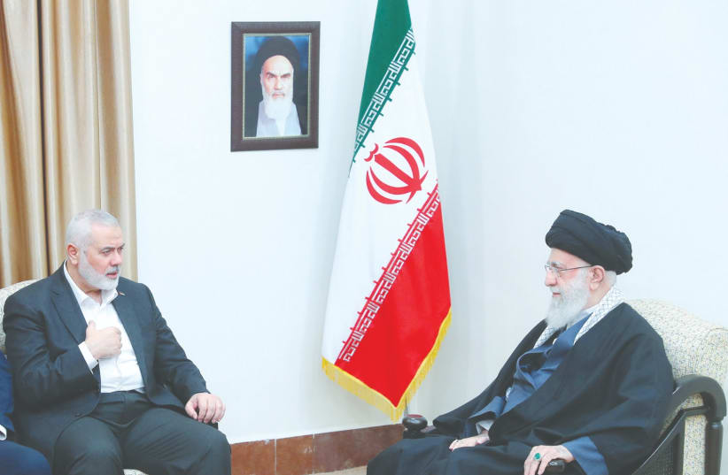  IRAN’S SUPREME Leader Ayatollah Ali Khamenei meets with Hamas leader Ismail Haniyeh, in Tehran, last month. The Jewish people are no strangers to persecution and attempts at annihilation, the writer notes.  (20/4/2024) (photo credit: Office of the Iranian Supreme Leader/WANA via REUTERS)