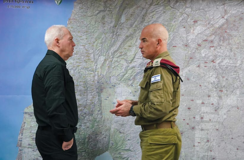  Defense Minister Yoav Gallant discusses the northern front with IDF Northern Command head Maj.-Gen. Ori Gordin at the Northern Command headquarters on February 25, 2024. (photo credit: ARIEL HERMONI/DEFENSE MINISTRY)