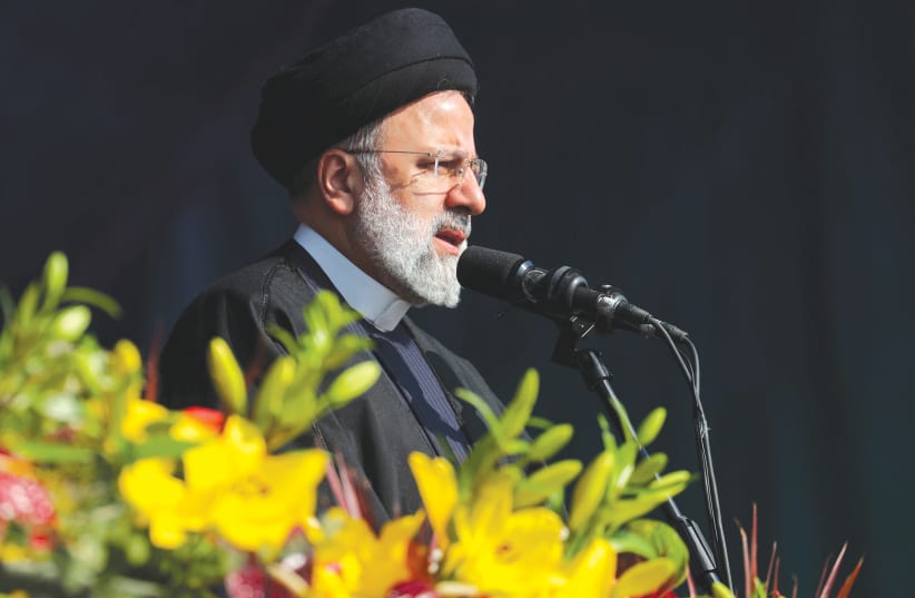  IRANIAN PRESIDENT Ebrahim Raisi delivers a speech marking the 45th anniversary of the Islamic Revolution, in Tehran, in February 2024. (photo credit: Iran’s Presidency/West Asia News Agency/Reuters)