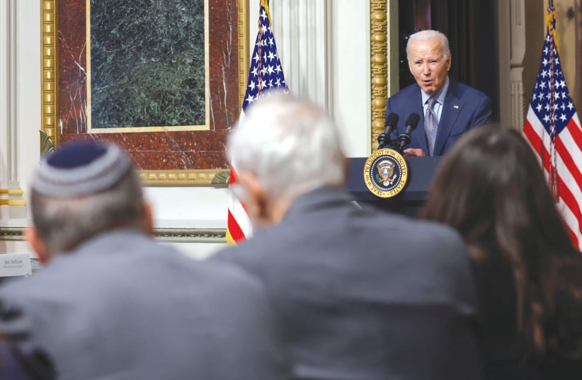  US PRESIDENT Joe Biden participates in a roundtable with Jewish community leaders in Washington, on October 11, 2023. (photo credit: JONATHAN ERNST/REUTERS)