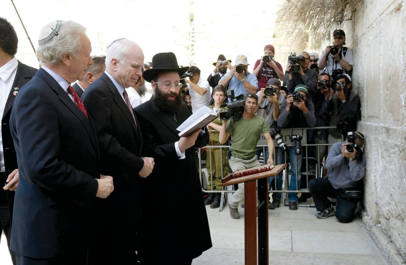  Senators Joe Lieberman (left) and John McCain visit the Western Wall on March 19, 2008.  (photo credit: PETER ANDREWS / REUTERS)