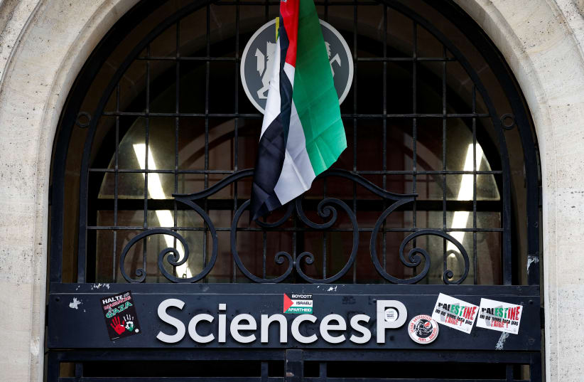A general view of the occupied building of the Sciences Po University by masked youths in support of Palestinians in Gaza, during the ongoing conflict between Israel and the Palestinian Islamist group Hamas, in Paris, France, France, April 26, 2024.  (photo credit: REUTERS/BENOIT TESSIER)