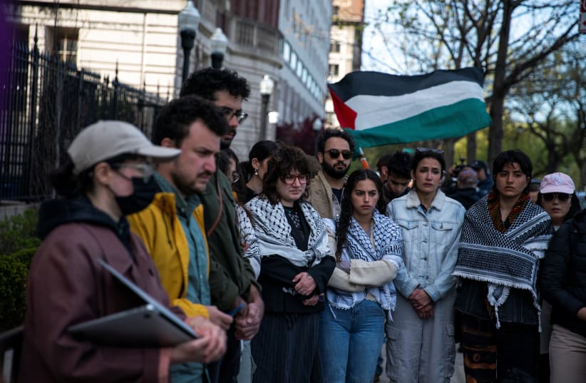  Students whom were detained by NYPD and suspended by Columbia University for participating in a demonstration, take part in a press conference, as the Protest encampment continues in support of Palestinians, amid ongoing conflict between Israel and the Palestinian Islamist group Hamas, in New York  (photo credit: REUTERS/EDUARDO MUNOZ)