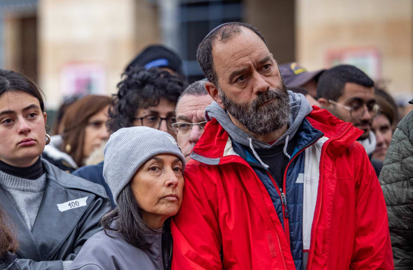  Parents of Israeli hostage Hersh Goldberg-Polin and others attend a rally for hostages marking 100 days since the start of the war between Israel and Hamas, outside the Jerusalem Municipality on January 14, 2024 (photo credit: YONATAN SINDEL/FLASH90)