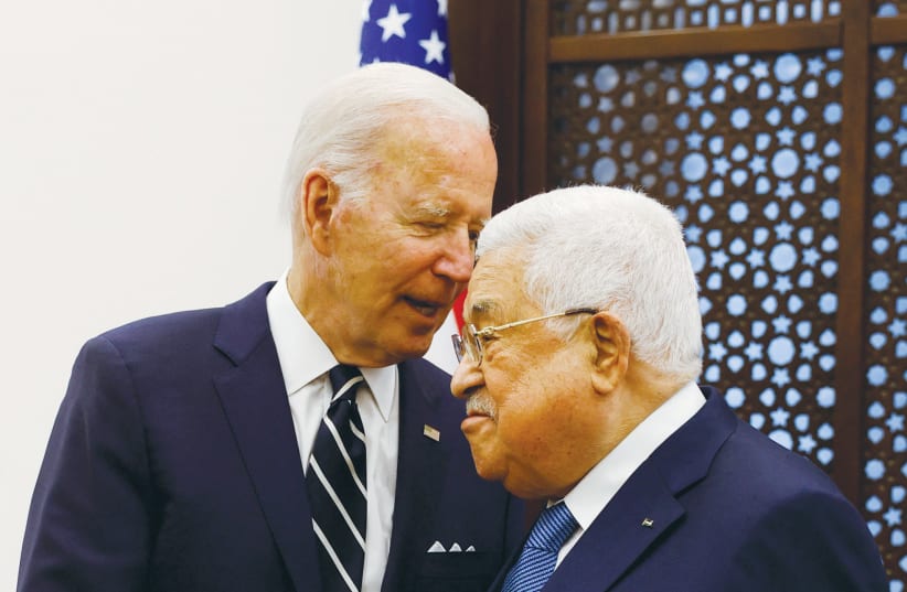  US PRESIDENT Joe Biden meets PA head Mahmoud Abbas in Bethlehem, in 2022. Biden has proposed restoring the Palestinian Authority in Gaza and reaping peace with Saudi Arabia, the writer notes. (photo credit: MOHAMAD TOROKMAN/REUTERS)