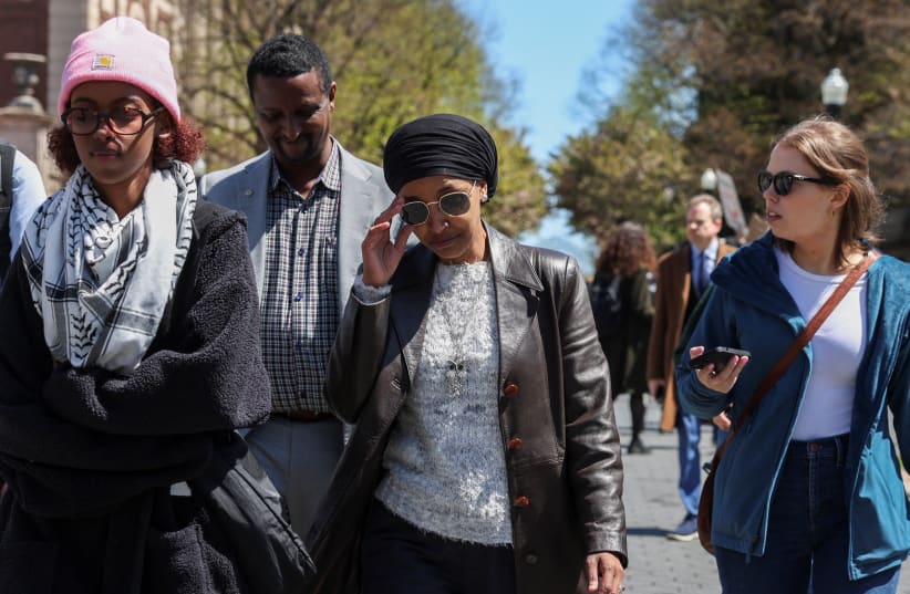 US Democratic House Representative Ilhan Omar (D-MN), walks toward the campus exit after visiting the protest encampment supporting Palestinians at Columbia University campus, during the ongoing conflict between Israel and the Palestinian Islamist group Hamas, in New York City, US, April 25, 2024. (photo credit: REUTERS/CAITLIN OCHS)