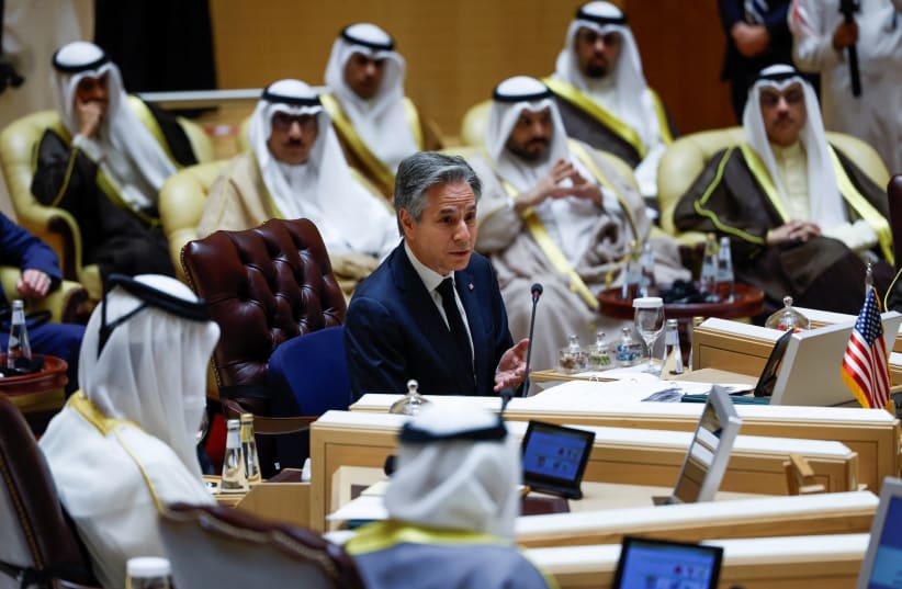  US Secretary of State Antony Blinken attends a Joint Ministerial Meeting of the GCC-US Strategic Partnership to discuss the humanitarian crises faced in Gaza, in Riyadh, Saudi Arabia, April 29, 2024. (photo credit: REUTERS/EVELYN HOCKSTEIN/POOL)