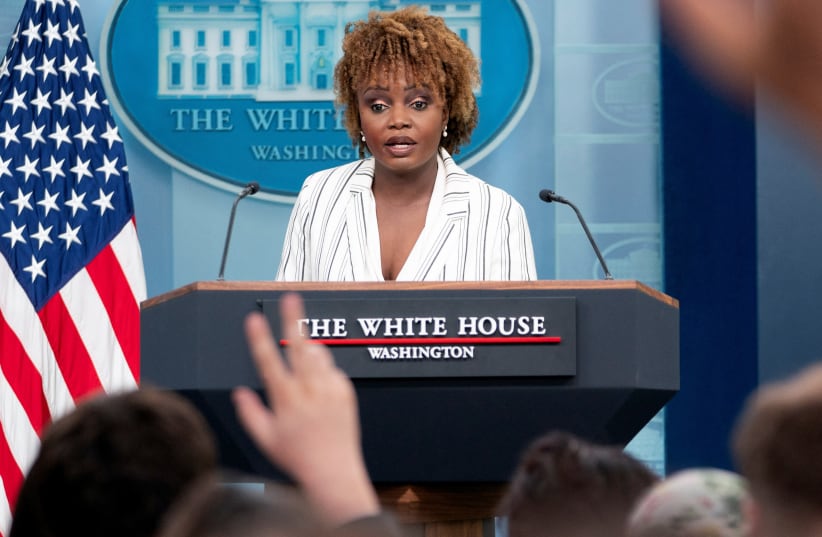 White House Press Secretary Karine Jean-Pierre speaks during the daily briefing in the James S. Brady Press Briefing Room at the White House in Washington, US, April 29, 2024. (photo credit: REUTERS/Nathan Howard)