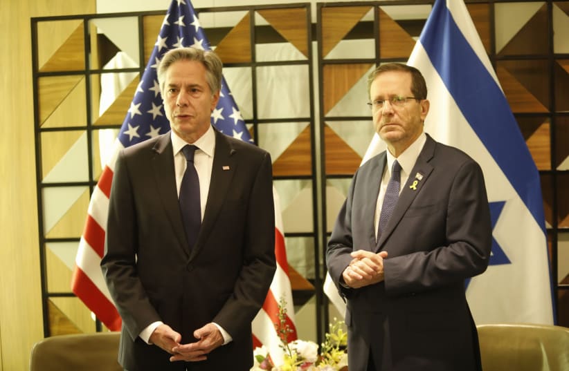  US Secretary of State Antony Blinken meets with Israeli President Isaac Herzog, May 1, 2024 (photo credit: MARC ISRAEL SELLEM/THE JERUSALEM POST)