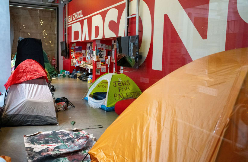  A view of the vacated encampment erected in support of Palestinians at the Parsons School of Design after clearing by the NYPD, New York City, US, May 3, 2024  (photo credit: REUTERS/David Dee Delgado)