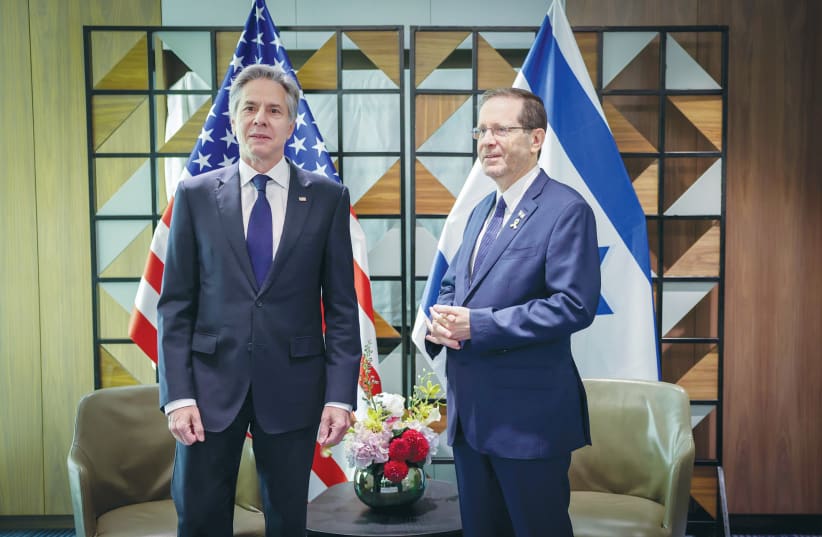  PRESIDENT ISAAC HERZOG meets with US Secretary of State Antony Blinken in Tel Aviv last week. (photo credit: TOMER APPELBAUM/FLASH90)