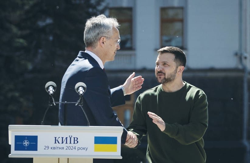  UKRAINE’S PRESIDENT Volodymyr Zelensky and NATO Secretary-General Jens Stoltenberg attend a news conference in Kyiv, last week. (photo credit: THOMAS PETER/REUTERS)