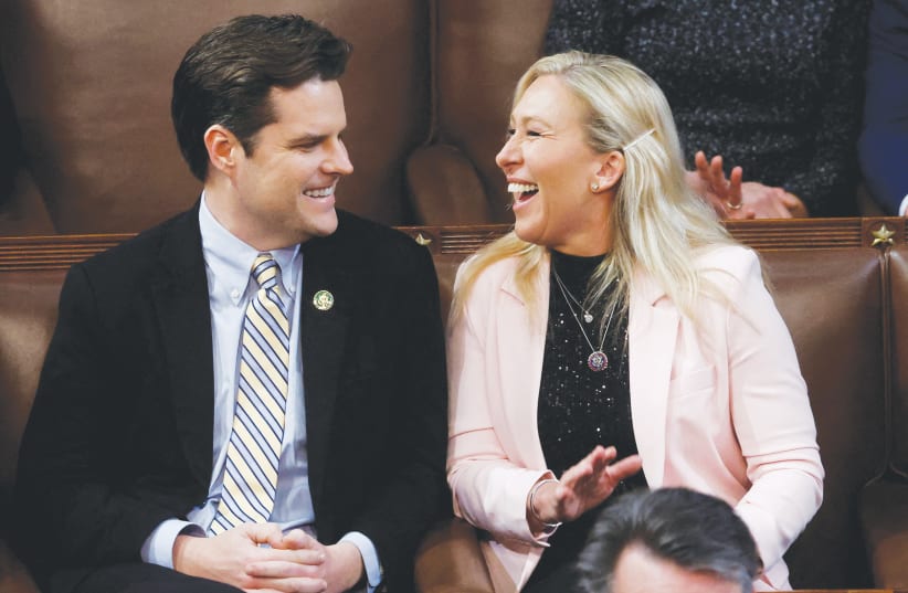  US REP. Matt Gaetz (R-FL) and Rep. Marjorie Taylor Greene (R-GA) ‘have a history of flirting with antisemitism,’ the writer charges. (photo credit: EVELYN HOCKSTEIN/REUTERS)