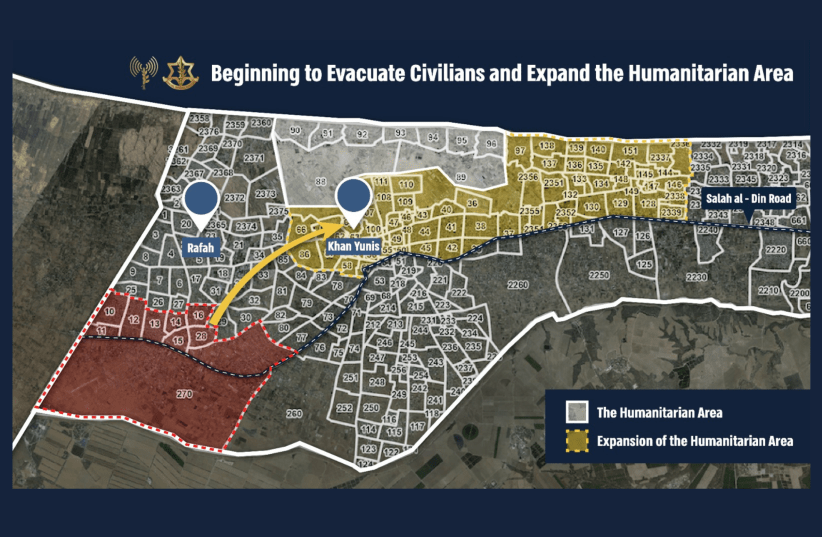  Evacuation map published by IDF for residents of eastern Rafah. May 6, 2024 (photo credit: IDF SPOKESPERSON'S UNIT)