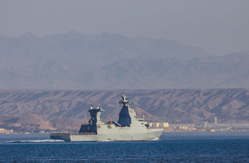  AN ISRAEL NAVY Sa’ar 6-class corvette equipped with the maritime Iron Dome missile defense system patrols off the coast of Eilat last month. (photo credit: JAMAL AWAD/FLASH90)